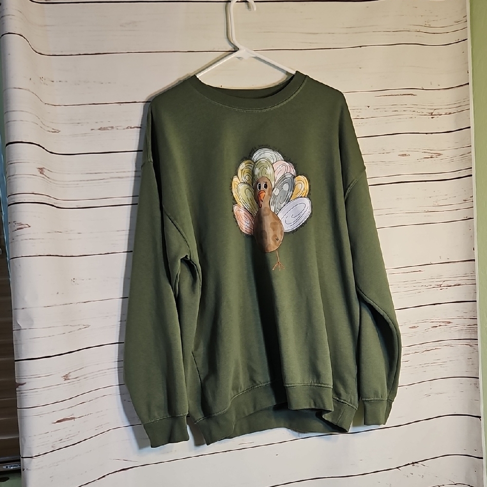 Olive Green Turkey Thanksgiving Graphic Sweatshirt XL‎ Long Sleeve Pullover Top
